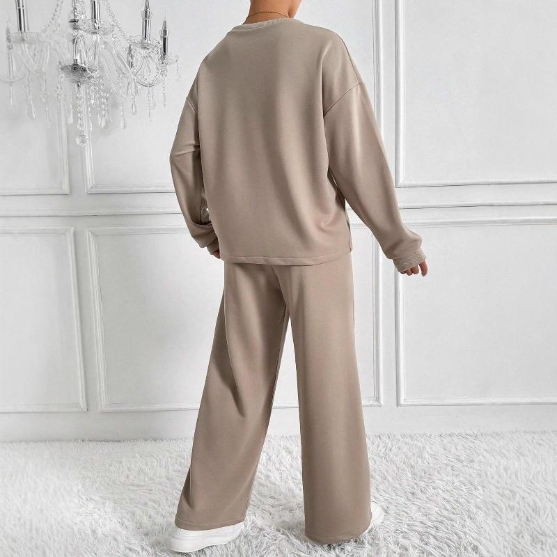 New Fall/Winter Solid-Color Round-Neck Long-Sleeve Top and Long Pants Set for Women: A Stylish Two-Piece Outfit