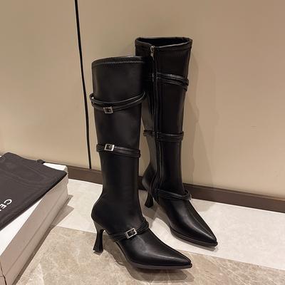 Fashion Winter Women's Knee Length Boots Solid Color Outdoors New 2024 Hot Sale Slender Heel Pointed Toe Side Zipper Women Boots