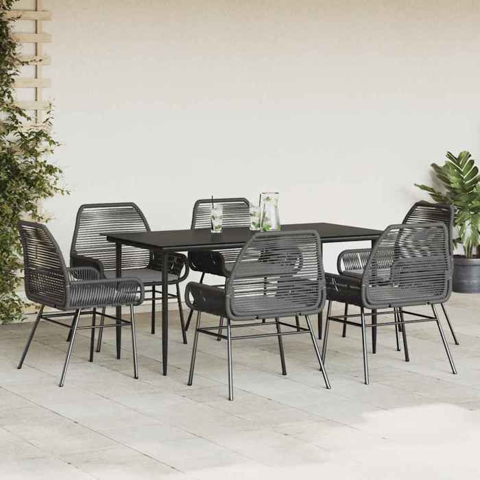 VidaXL Ensemble à manger de jardin coussins 7pcs noir poly rotin verre, ensemble de salle à manger d'extérieur, meuble de 3334468