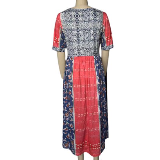 Summer Lady Dress Pleated Ethnic Style Print A-line Loose Hem Side Pockets Round Neck Soft Bohemian Short Sleeves Mid-calf Length Women Daily