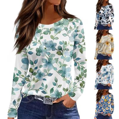 Women's Fashion Casual Slit Hem Round Neck Long Sleeve Loose Printed T-Shirt Ladies Top