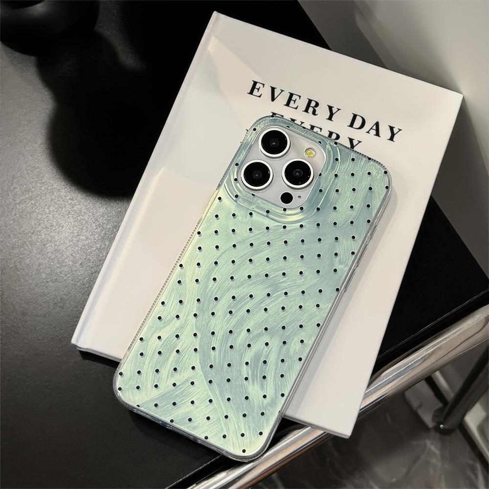 

Mint Green Polka Dot Mobile Phone Case Suitable for 15promax Feather Iphone13 Bow Chain 16 Apple 14 Hard 12pro max(6.7)