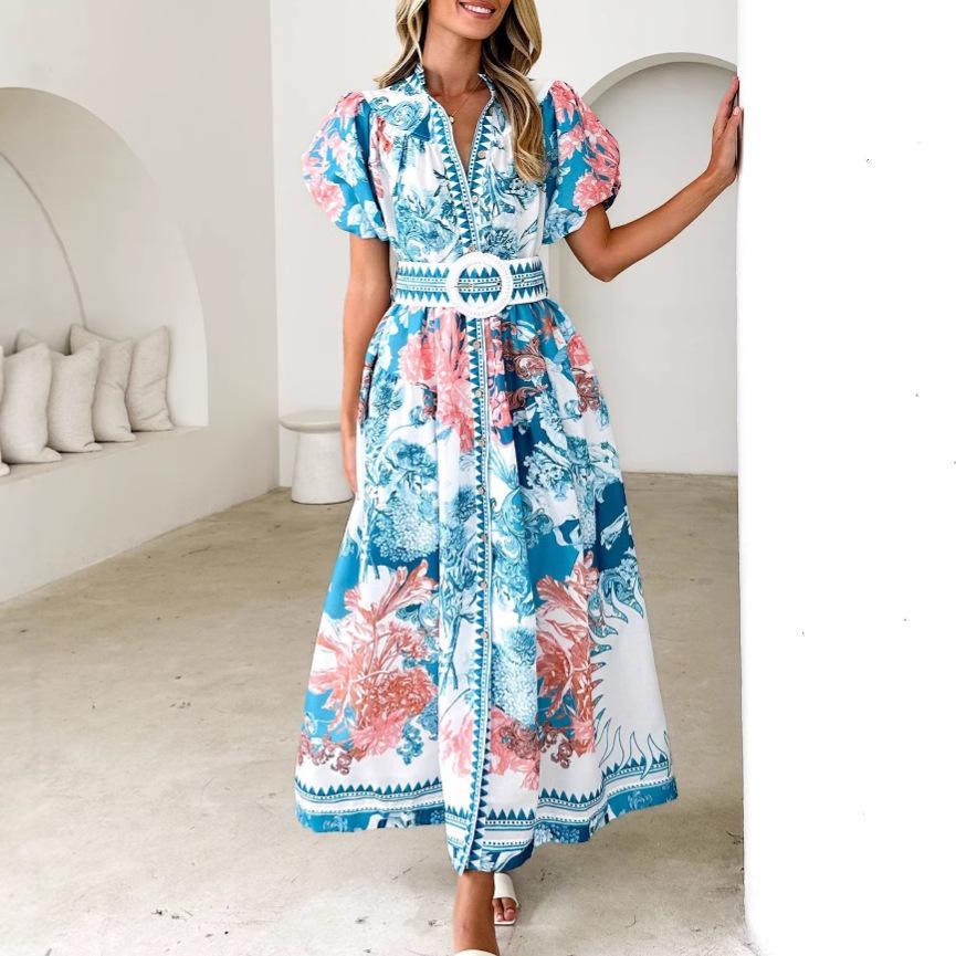 Spot 2026 summer new fashion casual positioning lace-up printed long dress women S небесно-голубой
