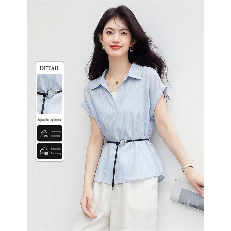 Elegant Linen Blend Faux Two-Piece Short Sleeve Shirt L