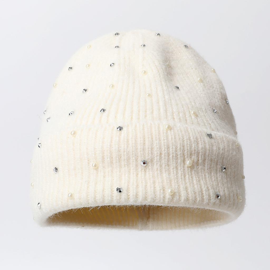 Solid Color Knitted Hat Big Head Versatile Warm Elastic Pullover Hat Bead Cold Hat