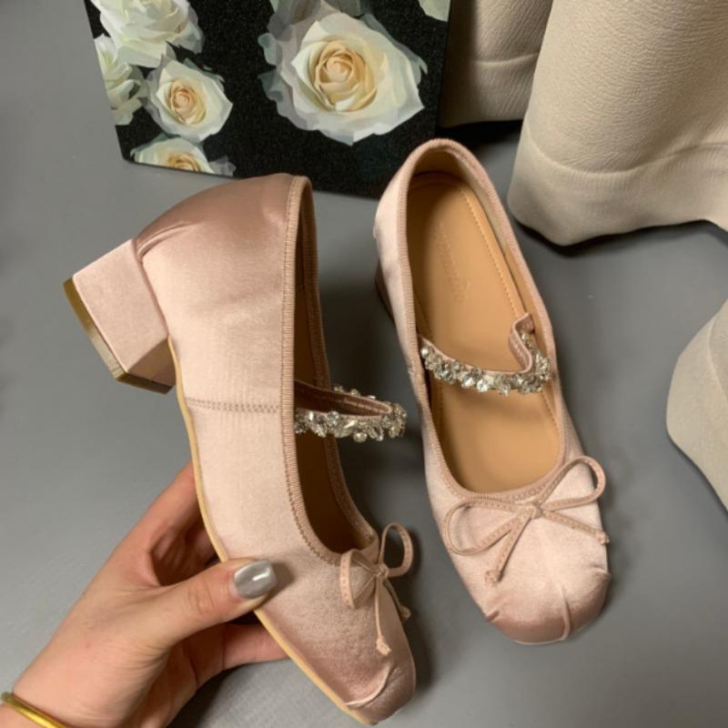 

Туфли Мэри Джейн на толстом каблуке с небольшой внутренней высотой подъема 7 см, женские модные туфли из шелка с цепочкой из стразов, балетки 33 розовый