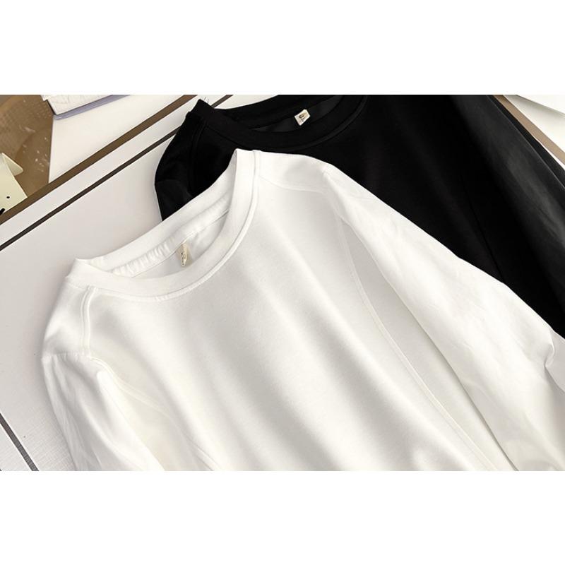 Plus Size Women Long Sleeve Top Pleated Cuff Crew Neck Casual