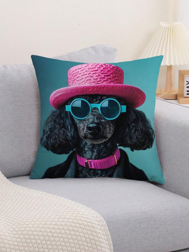 Funny Poodle Pillowcase Dog with Hat Cushion Cover Colorful Animal Print Quirky Home Decor Pet Lover Gift