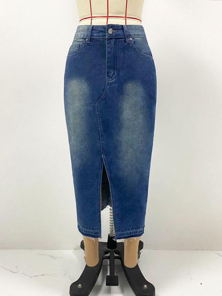 High Waist Washed Denim Slit Skirt - Slim Fit, Mid-length Retro Style for Women