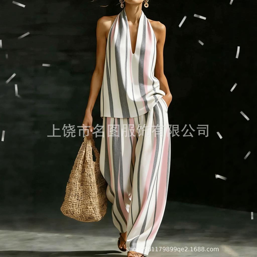 Women's summer casual wide-leg pants two-piece fashion trendy 1116 new European and American style sleeveless loose shoulder suit