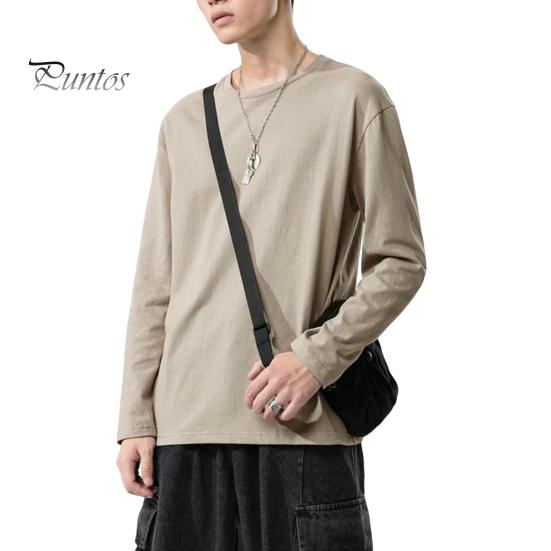 Herrenhemd Rundhals Langarm Weiches Atmungsaktives T-Shirt Einfarbig Lockere Passform Frühling Sommer Casual Tops