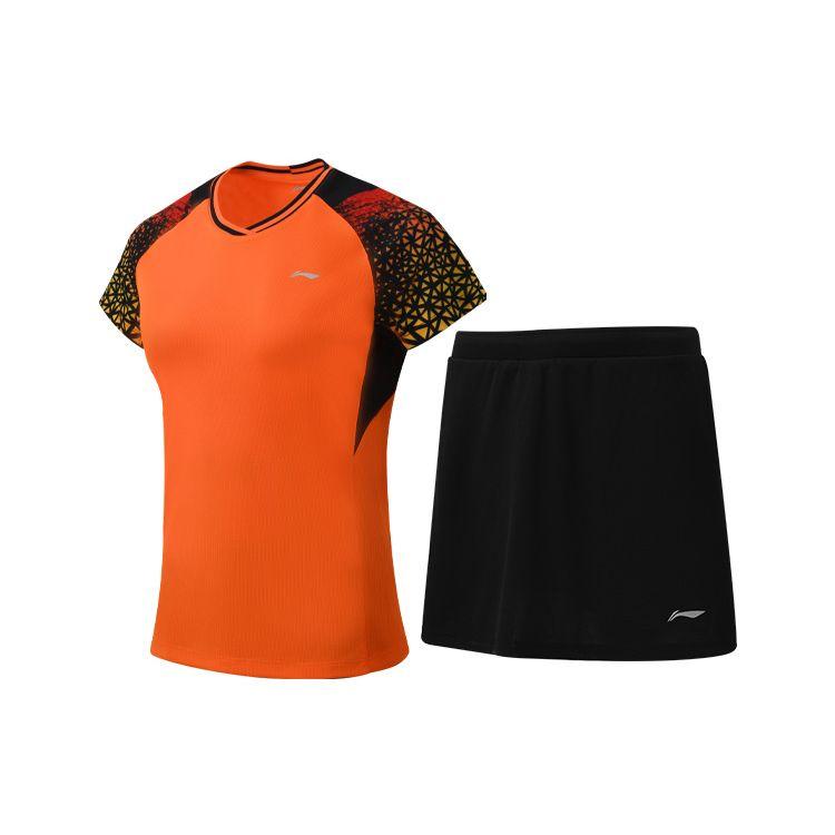 Li Ning Badminton Series Quick-Dry Breathable Training Sports Competition Short Sleeve T-Shirt Skirt Set Women Sportswear Flame-Orange AATQ028-4