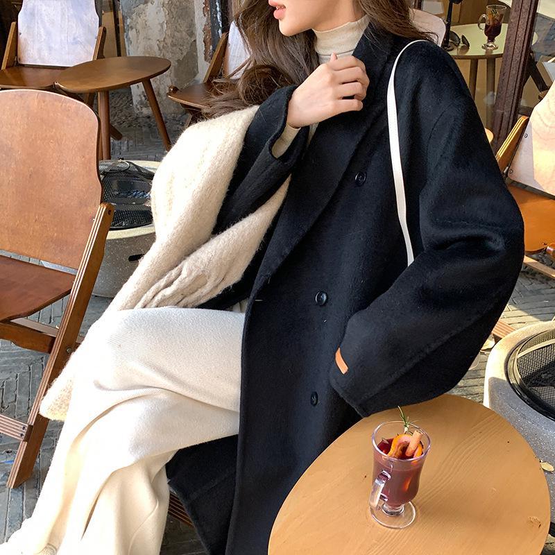 Su Jiu'er Damen Mittellanger Doppelseitiger Wollmantel - Verdickt, Weiß, Winter 2025 Edition