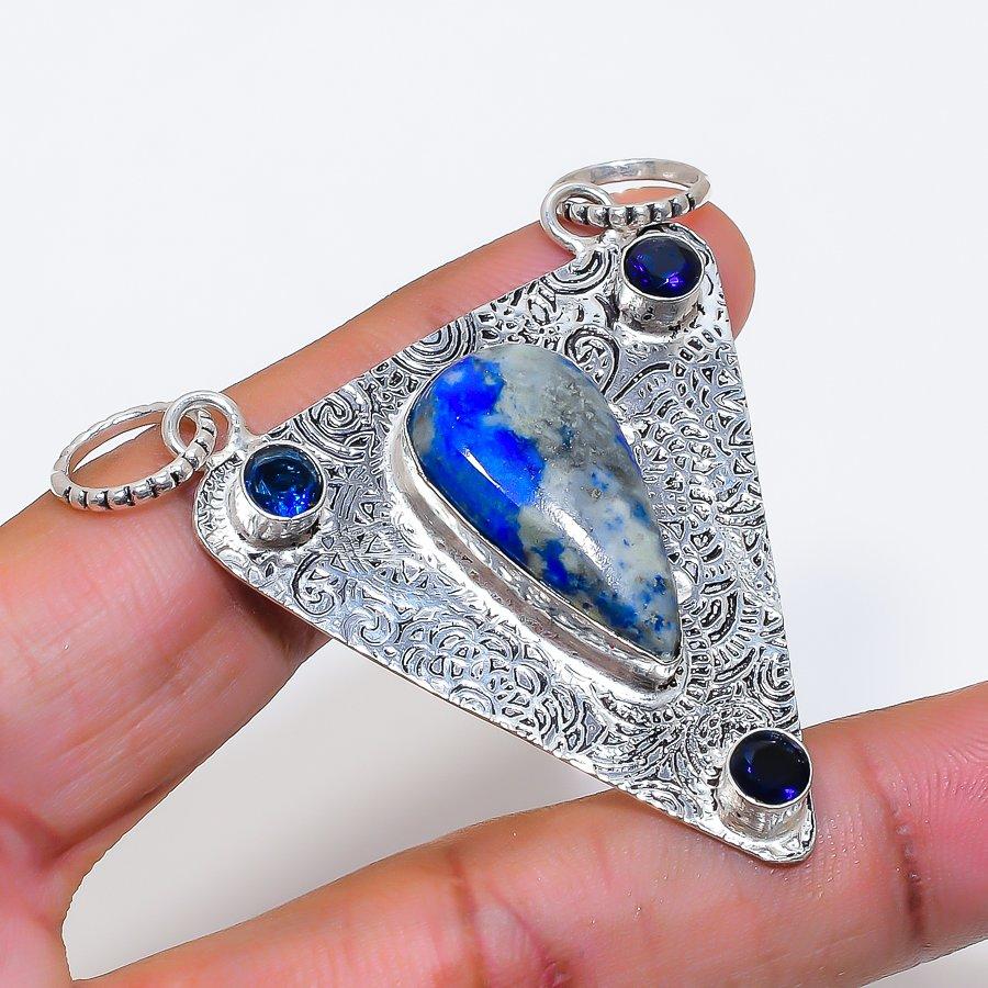 Natural Lapis Lazuli, Iolite 925 Sterling Silver Jewelry Pendant 2.29" ZS-1263