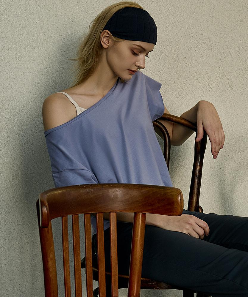 Debiweeo One-Shoulder Loose Fit Short Sleeve T-Shirt Devi-T0145-Fog Blue