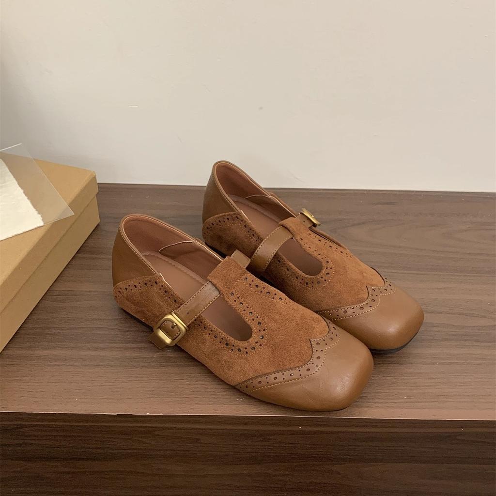 Inner heightening single shoes autumn retro suede one-pedal soft-soled Maillard Mary Jane ballet small leather shoes
