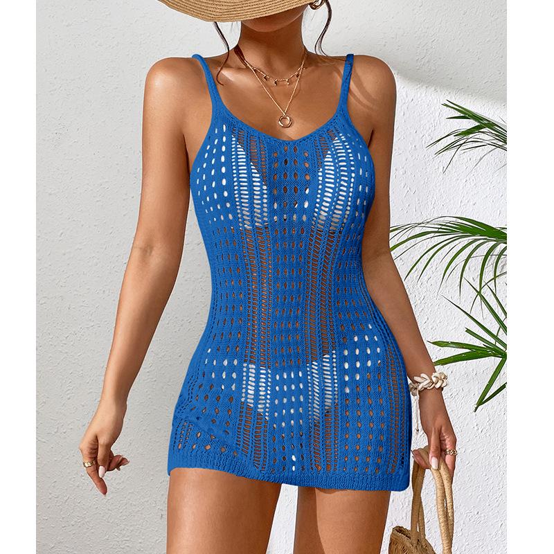 European and American Women's See-Through Spaghetti Strap Knit Beach Dress
