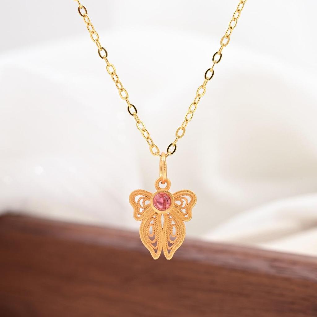 S925 Sterling Silver Chinese Butterfly Fu Necklace with Gem and Pearl Inlay