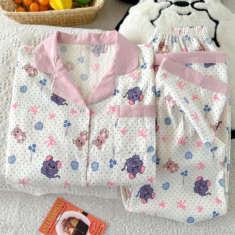 Cute Cartoon Cloud Cotton Long-Sleeved Trousers Thin Pajamas Women'S Loungewear Set