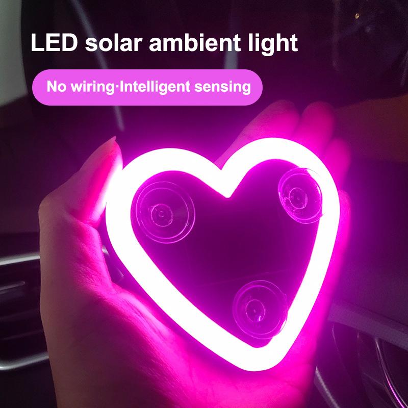 Car Led Window Decoration Heart Neon Light Suction Cup Fixed Luminous Heart Solar Ambient Neon Light Car Lights Accessories 1Pc