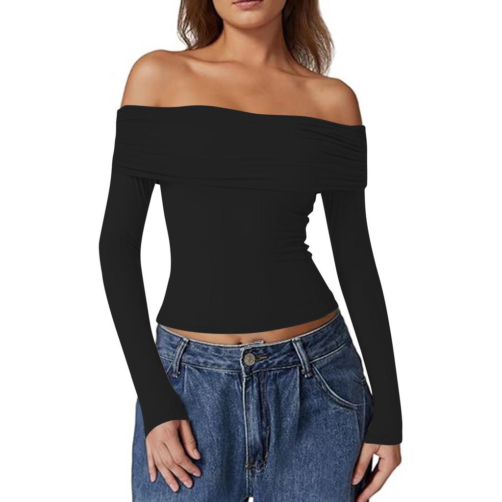 Women's Fashion Sexy One Shoulder Desire Long Sleeve Milk Silk Bottoming Shirt