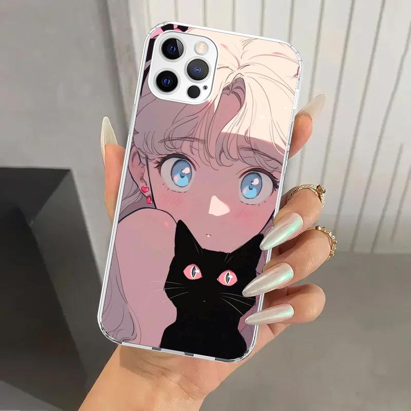 Anime Girls Cute Black Cat Phone Case for Iphone 17 Air 16 15 Plus 14 13 Mini 12 11 Pro Max 16E 7 8 SE 2020 Soft Funda Print She