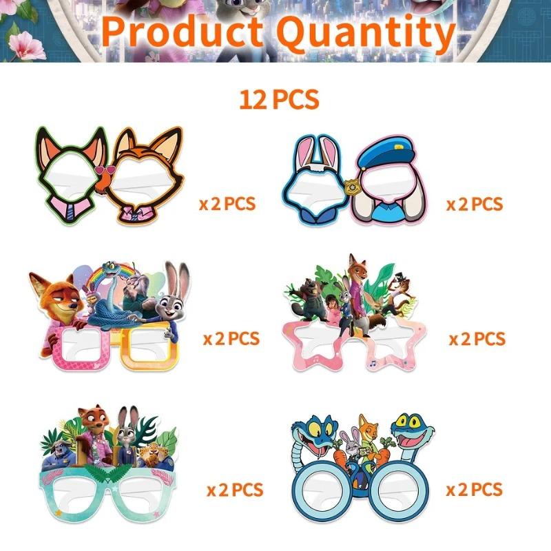 12 pièces Décoration de Fête Disney Zootopia 2 Dessin Animé Prenez des Photos Lunettes en Papier Masques Accessoires Cosplay Fournitures de Fête Joyeux Anniversaire