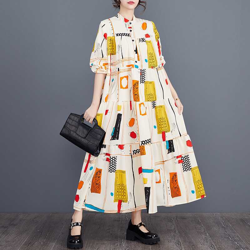 Abito Torta Patchwork Stampa Moda Nuova Stagione Primavera Taglia Larga Ampio