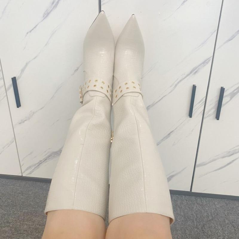 Fashion New Beige Belt Buckle Rivet Decoration Knee High Boots European American Fashion Women's Zipper High Heel Long Boots Size 36-41