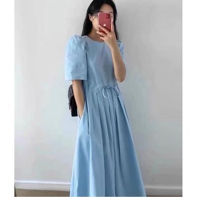 Korean Chic Summer Sweet Temperament Round Neck Lace-up Waist Thin Solid Color Splicing Pleated Short-sleeved Dress Women