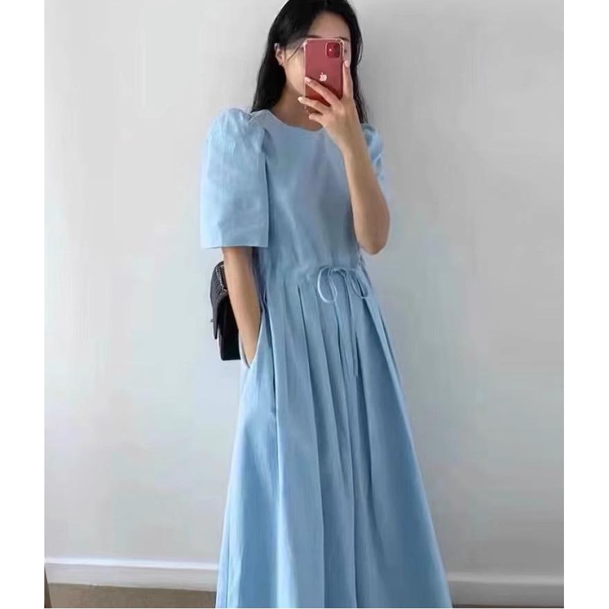 

Korean chic summer sweet temperament round neck lace-up waist thin solid color splicing pleated short-sleeved dress women 3XL синій