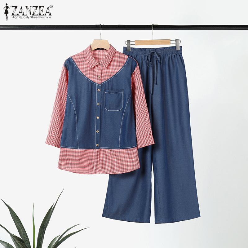 

ZANZEA Ретро наряды Женская повседневная лоскутная блузка и брюки комплект из двух предметов