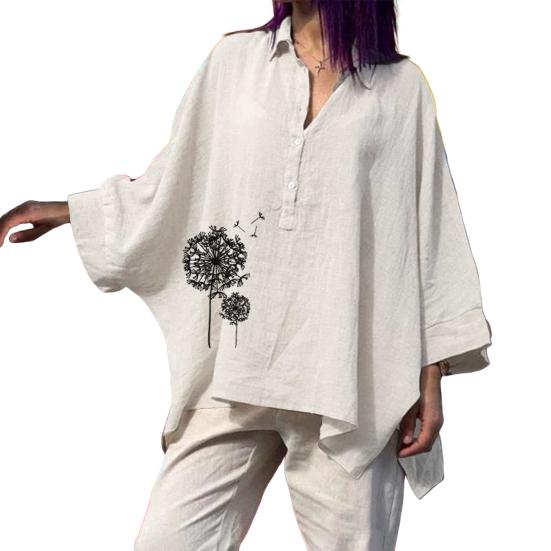 Yousheng Women Shirt Lapel Buttons Half Placket Batwing Long Sleeve Shirt Tops Loose Fit A-Line Dandelion Print Casual XXXL