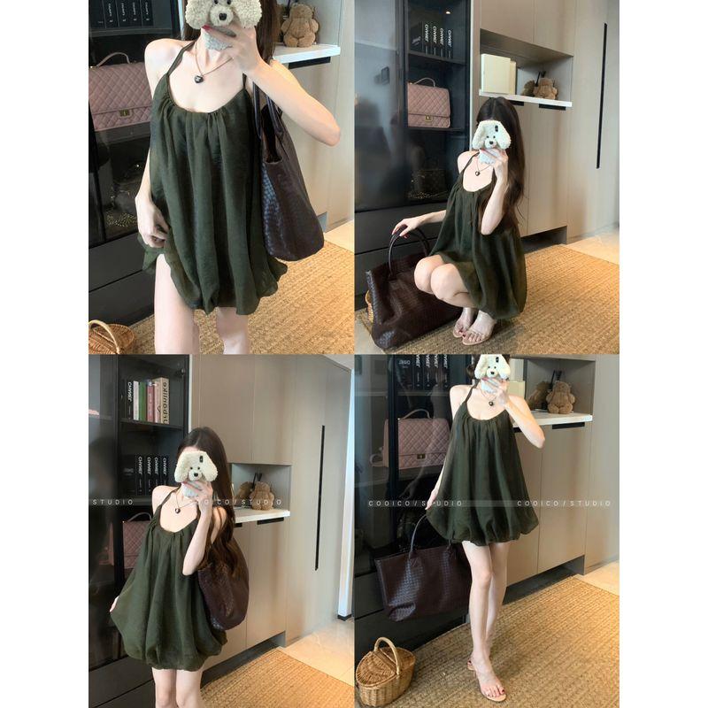 Kumikumi Retro Solid Hanging Neck Sling One Piece Dress Women Clothing Summer Niche Chic Slimming Flower Bud Skirt Short Dress