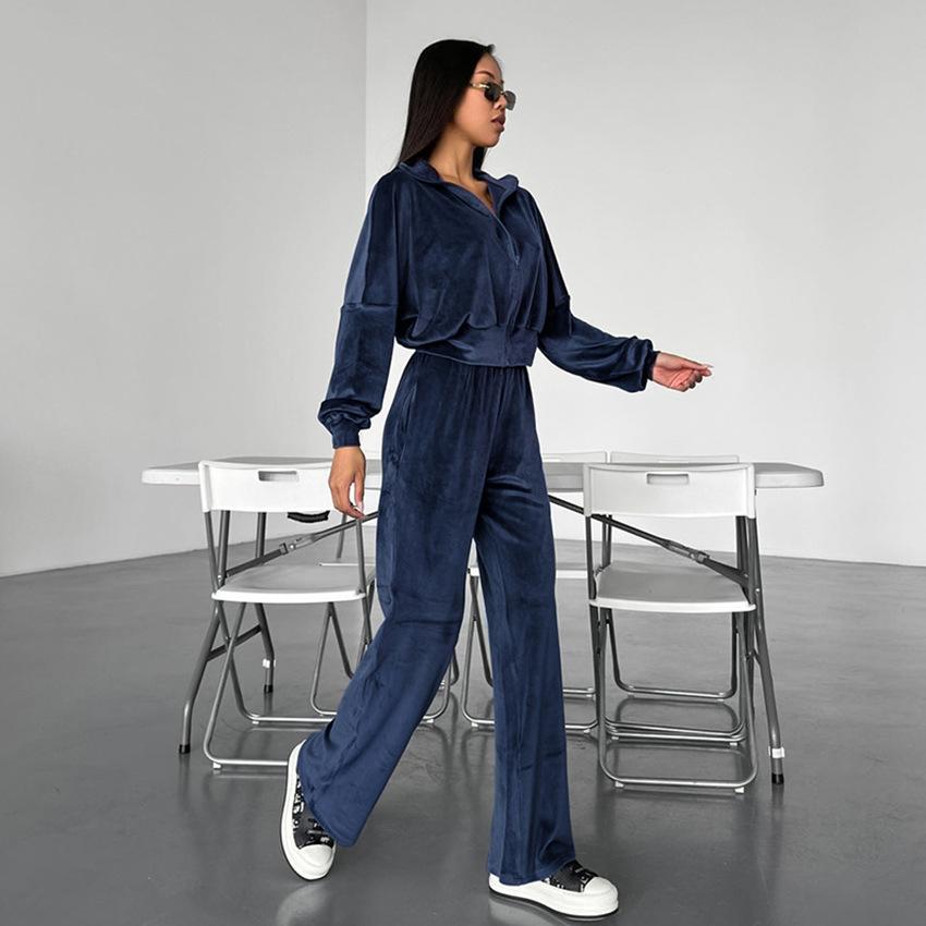 Europäischer, amerikanischer Herbst- und Winter-Silberfuchs-Samt-Sportpullover-Set Damen 1116 marineblaue Jacke Hose zweiteiliges Set Großhandel