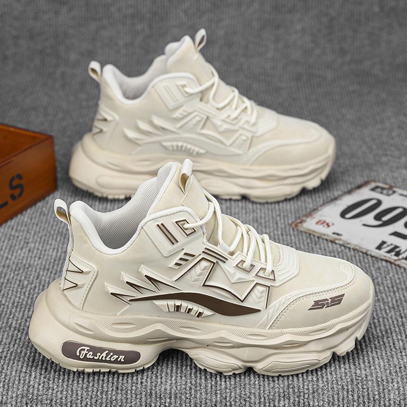 

2025 spring and autumn new running sports shoes Internet celebrity versatile thick-soled wear-resistant men s high-top shoes leather dad shoes 39 бежевий