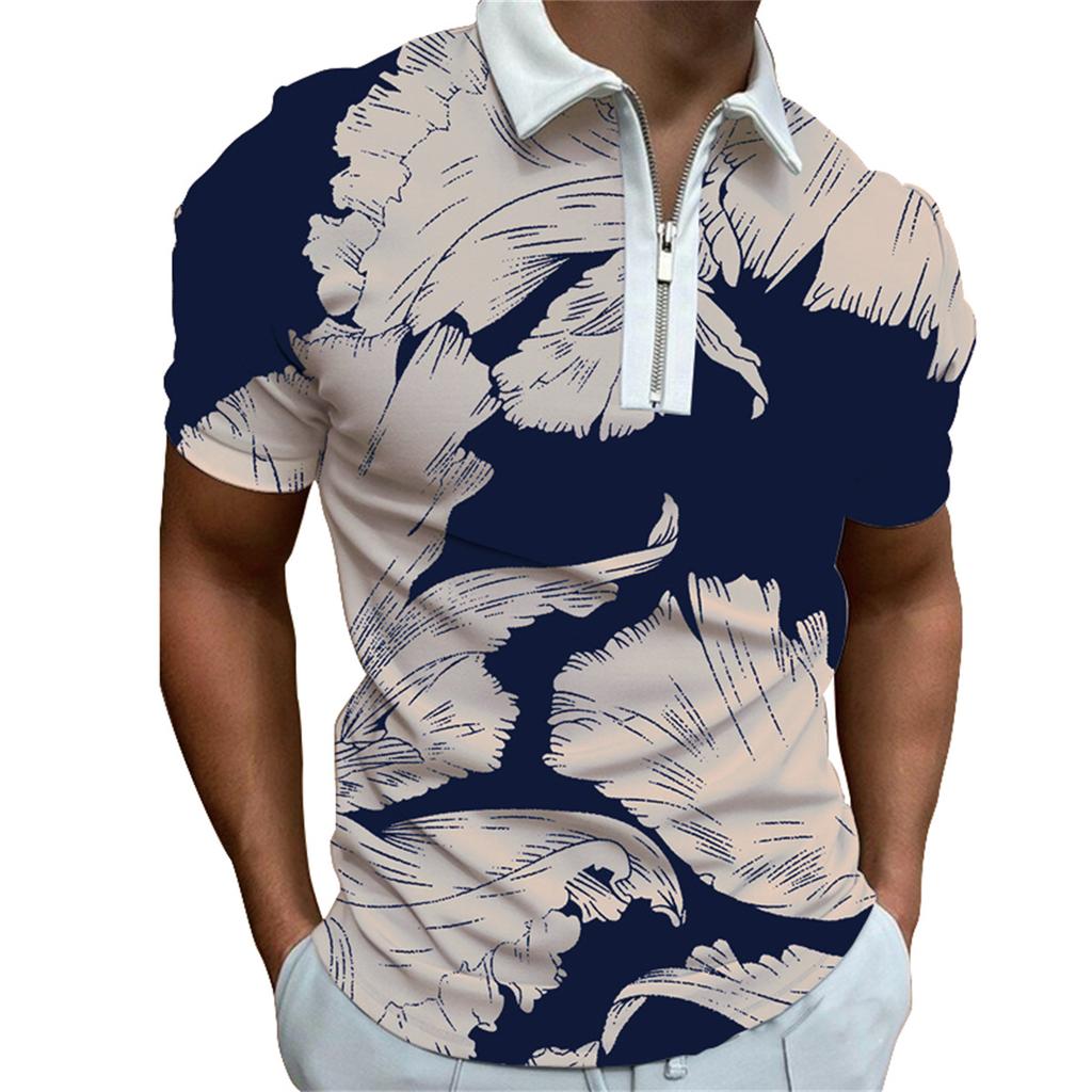Men's fashion personalized short sleeve zipper POLO shirt men's printed lapel POLO shirt T-shirt