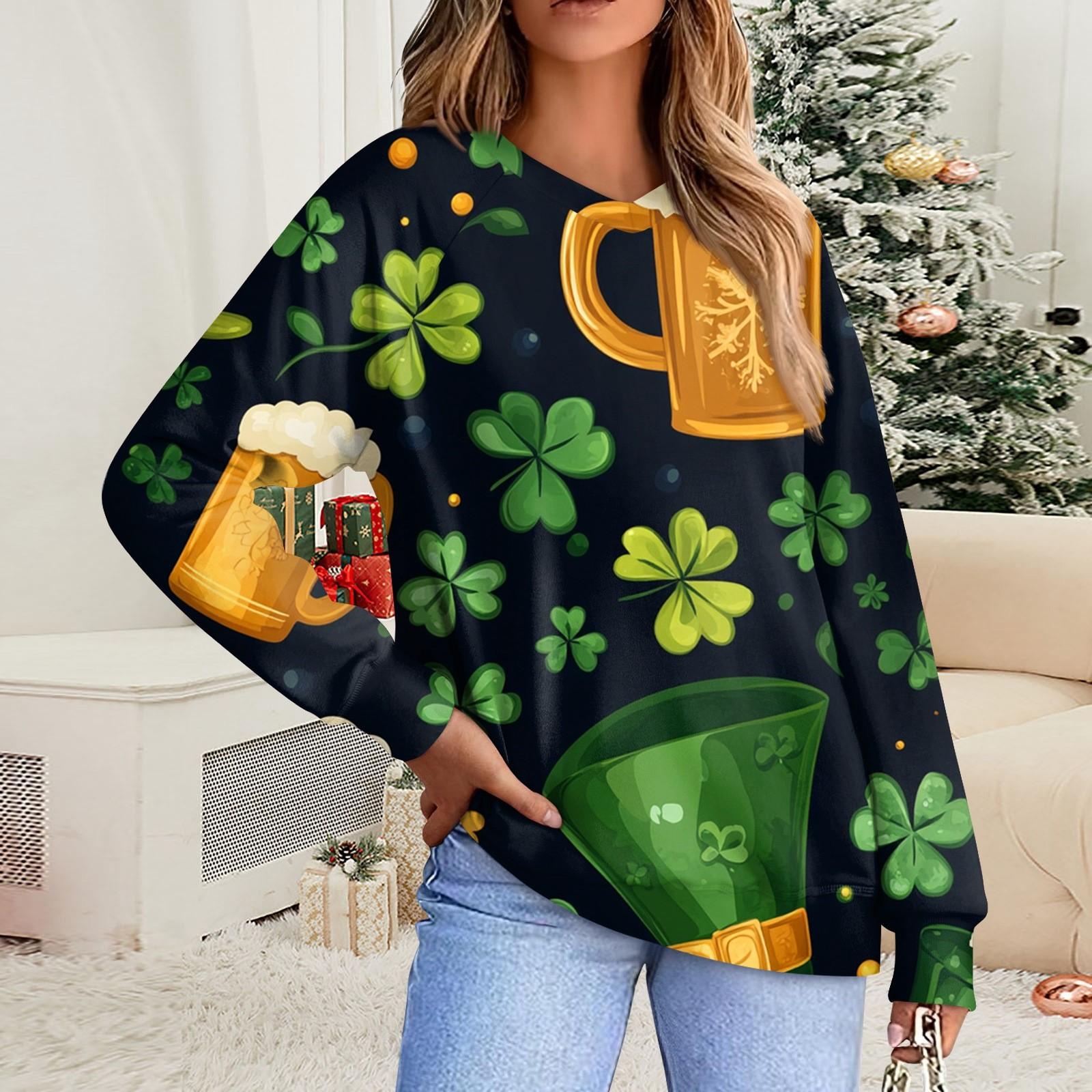 

Жіночий повсякденний модний комфортний манжет V-подібний виріз St. Худі пуловер з принтом до Дня святого Патрика S