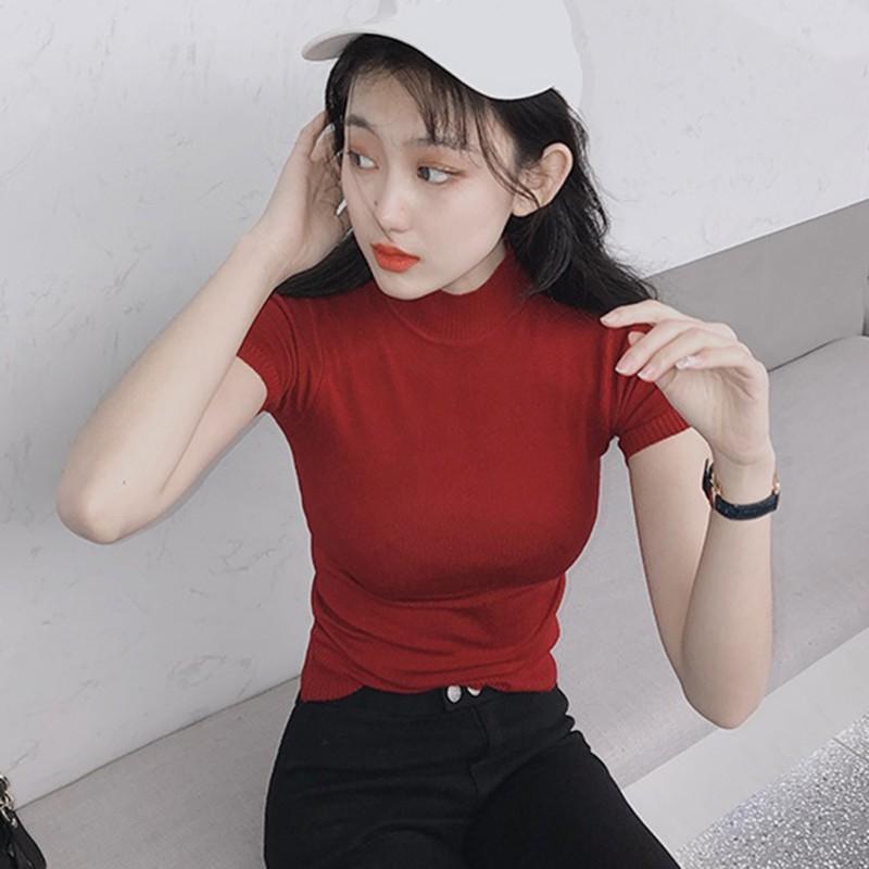 Women's Solid Half Turtleneck Slim Short Sleeve Knitted T-Shirt