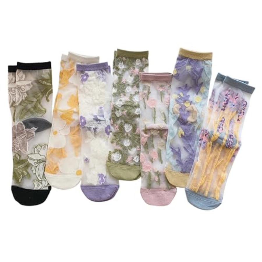 Womens Floral Sheer Socks Summer Thin Mesh Ankle Transparent Crystal Glass Silk Socks Cottagecore Elastic See Through Sock