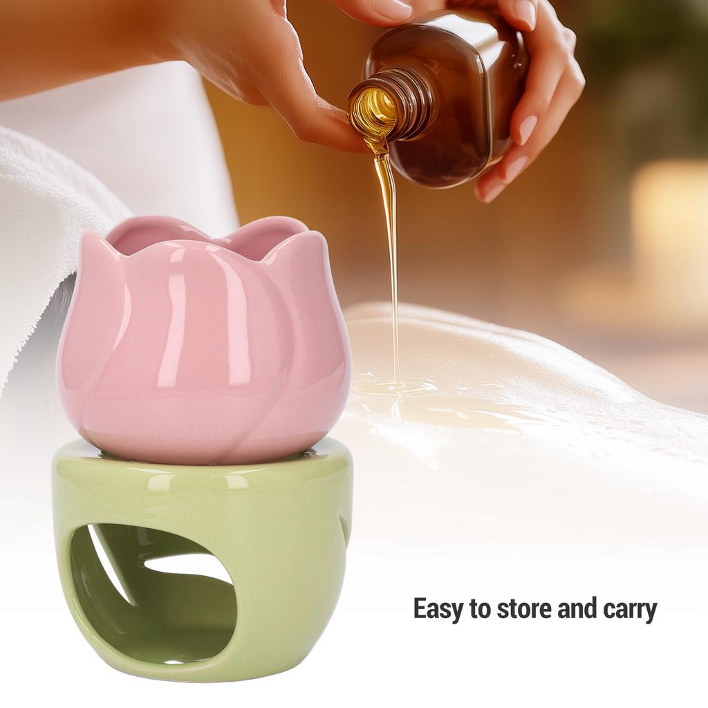 Pink Flower Shape Ceramic Aromatherapy Burner with Green Stand Tealight Candle Holder Essential Oil Burner