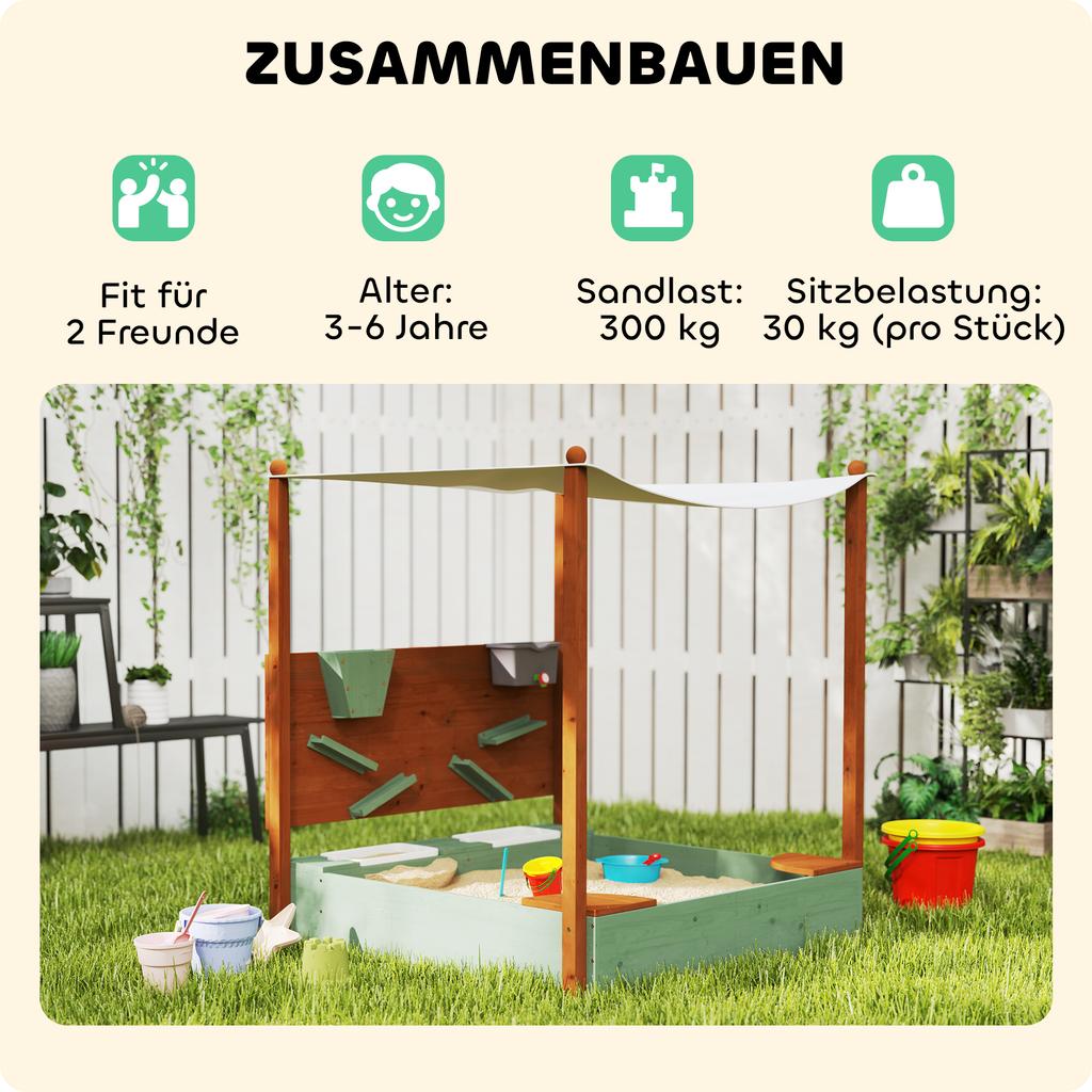 Wood Sandpit with Canopy, Storage Bins, Funnel, Liner, Chutes, Bucket with Tap, 116 X 112.5 X 128 Cm, Green