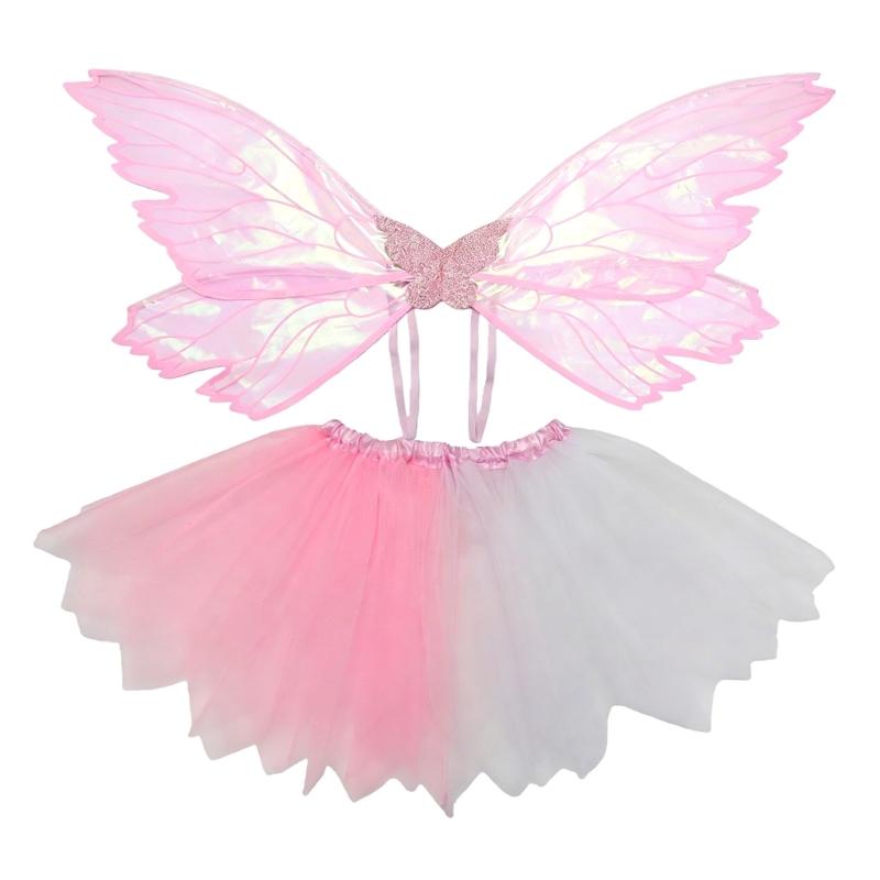 Multi-layer Fairies Wing Tulle Costume Set for Girls Halloween Cosplay Outfit with 3D Wing Costumes Accessory