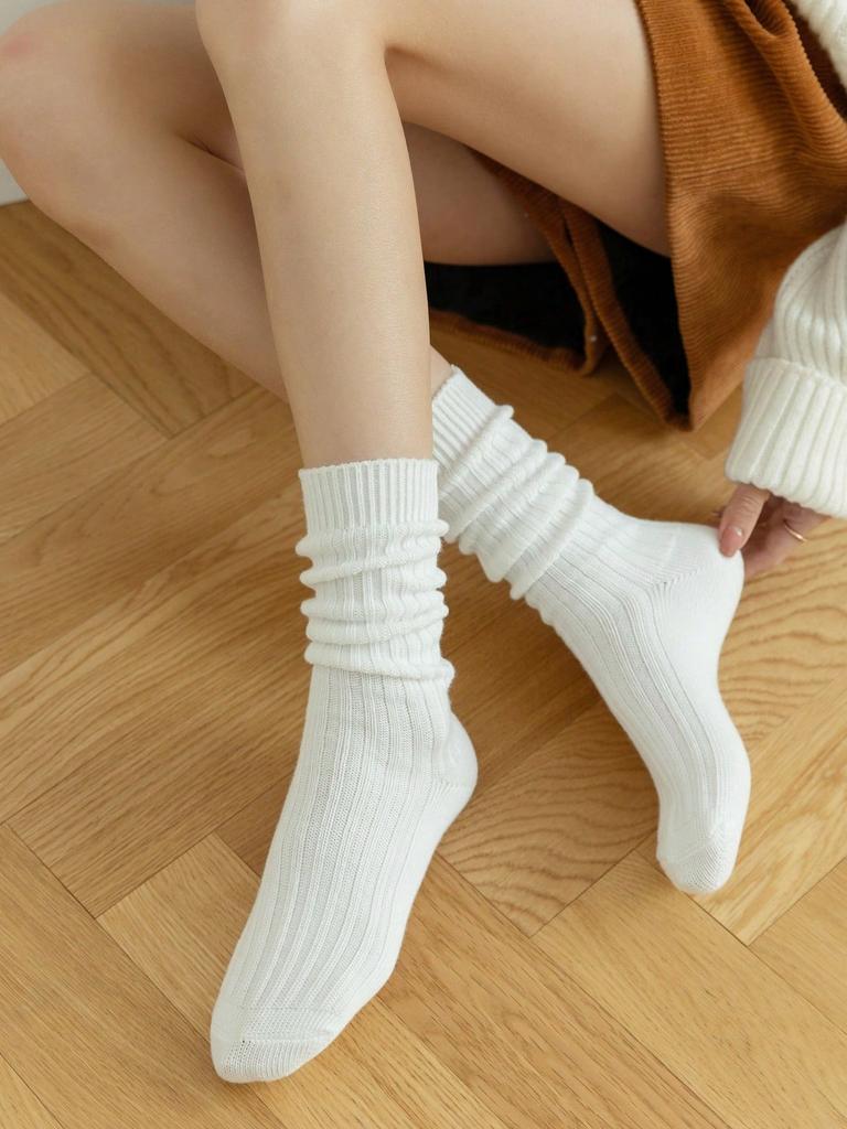 1Pair Women's Solid White Thick Ribbed Mid-Calf Socks Warm Casual Crew Socks For Fall Daily Wear