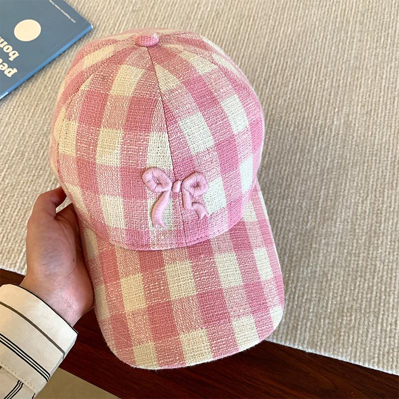 Hat Female original versatile sweet bow embroidered baseball cap spring and summer plaid cap showing small face