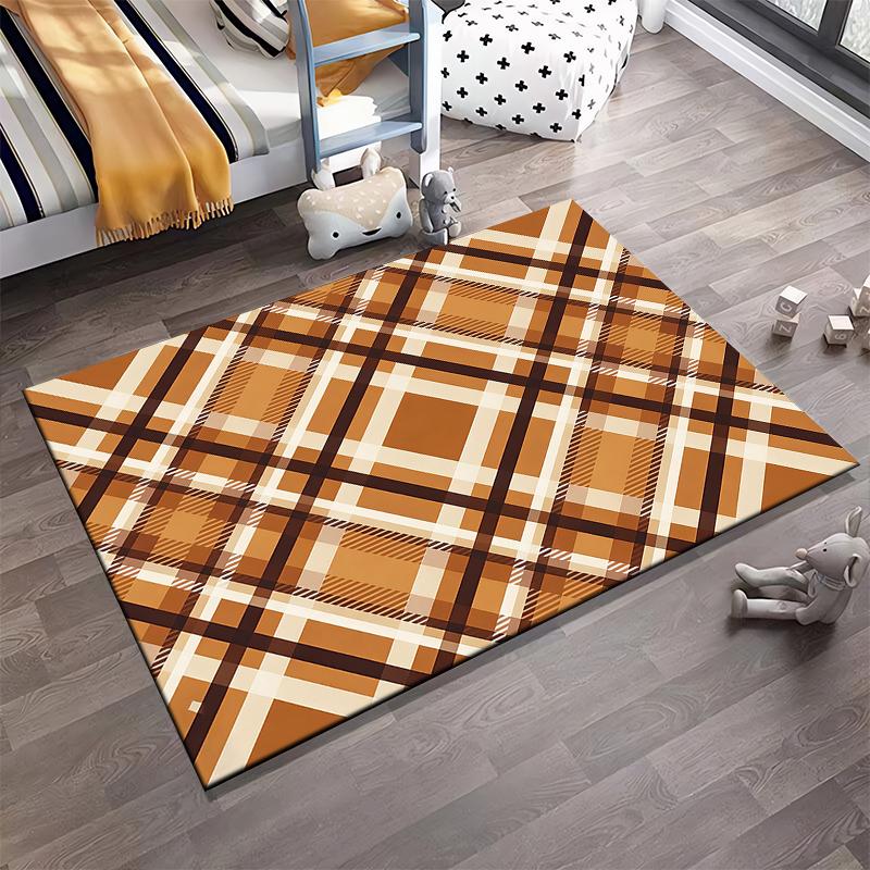 Modern Plaid Pattern Carpet In Brown and Orange, Minimalist Style Rug Suitable for Use As an Anti-slip for Living Room Bedroom Sofas