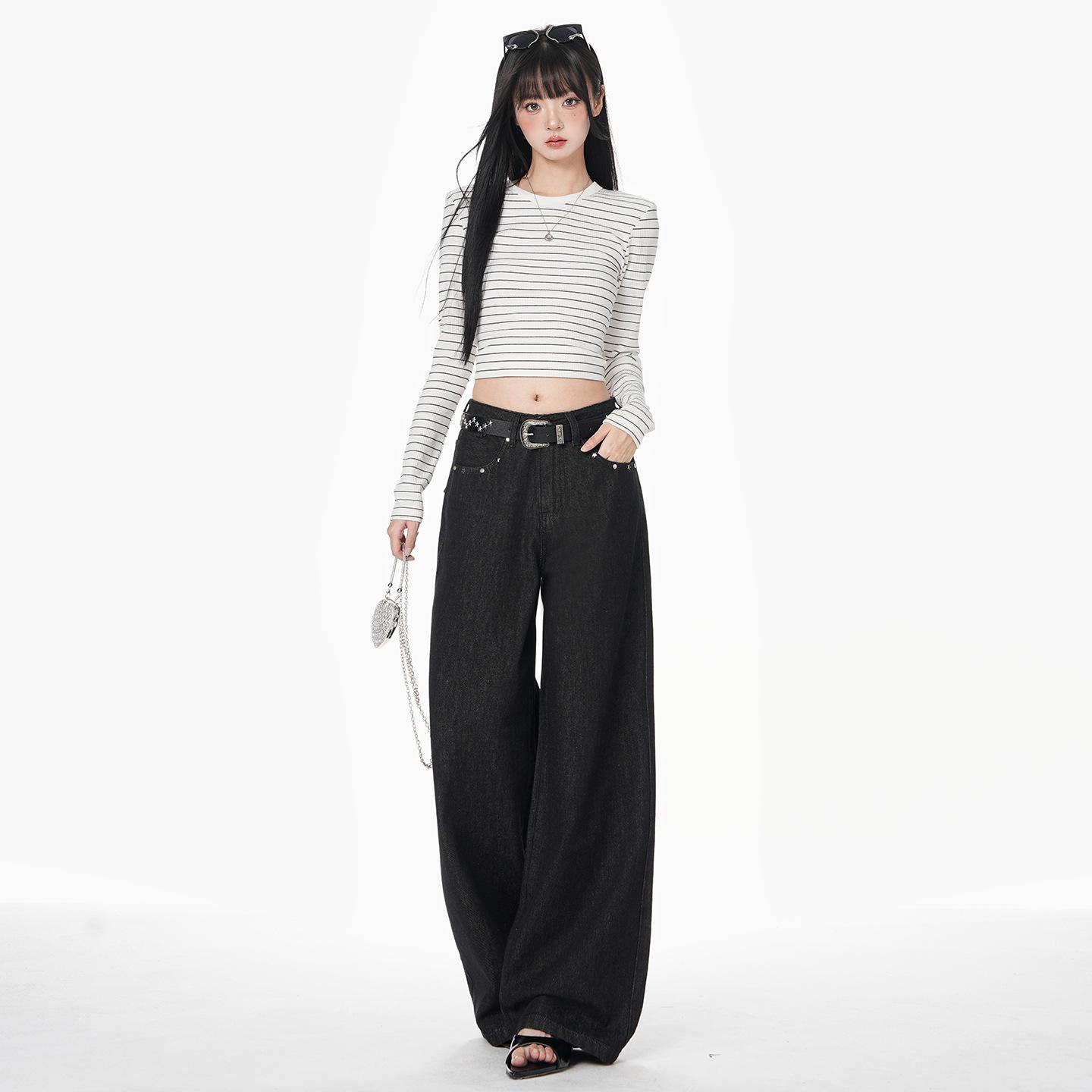 Women s American Retro Black Wide-Leg Rivet Jeans - Spring 2026 Collection Extra Large