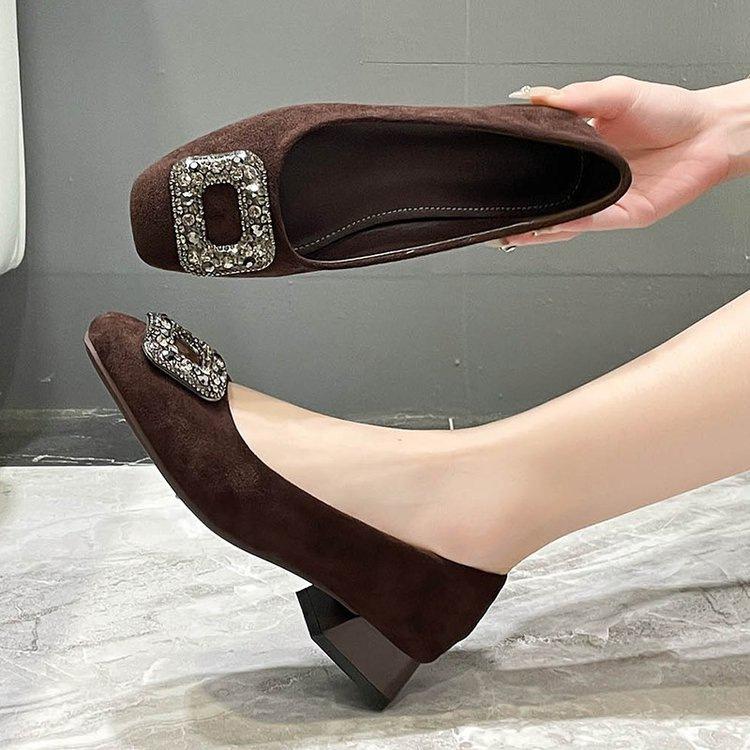 Square head single shoes women's autumn new light mouth shoes rhinestone black women's temperament thick heel ladyshoes