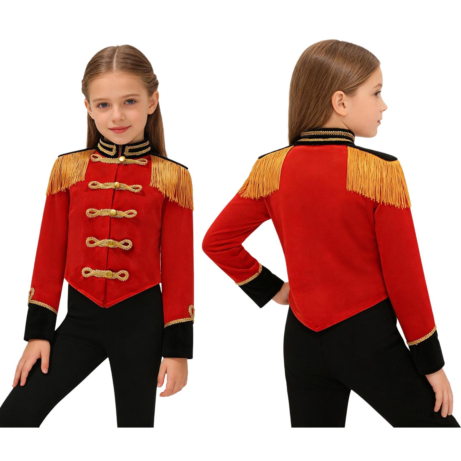 Kinder Mädchen Circus Ringmaster Cosplay Performance Kostüm Halloween Party Langarm Fransen Quaste Epaulet Samt Jacke Mäntel 3-4 Years rot