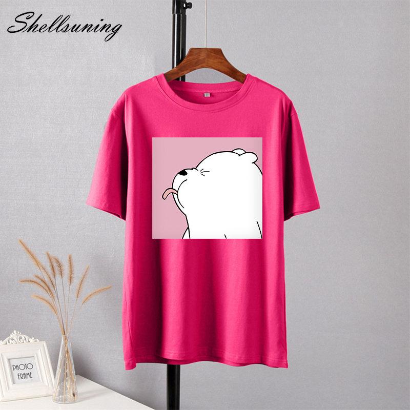Shellsuning Summer Cute Printed Cotton T Shirt Women Loose Short Sleeve Trend Tees Female Casual Streetwear All-match Basic Tops